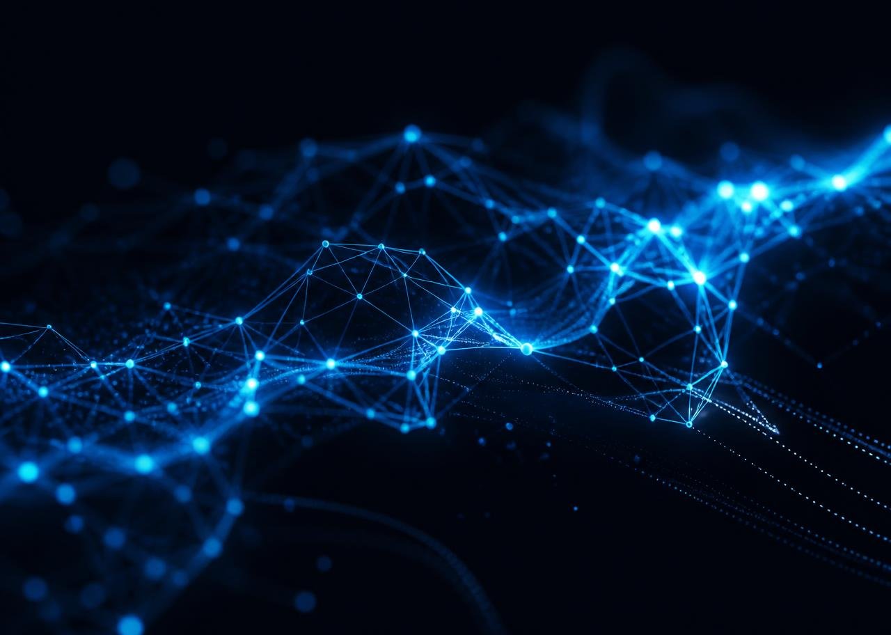 Glowing blue network of connected nodes representing automated workflows