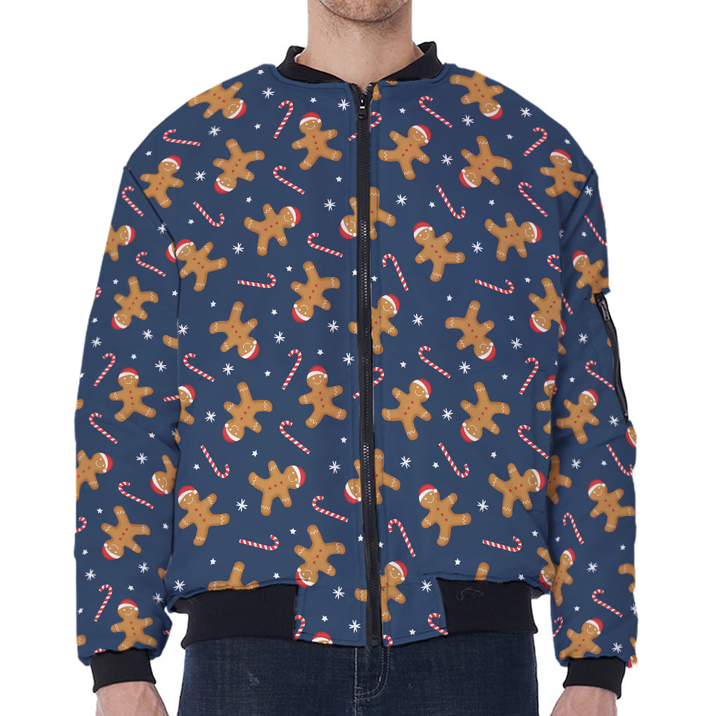 Xmas Gingerbread Man Pattern Print Zip Sleeve Bomber Jacket