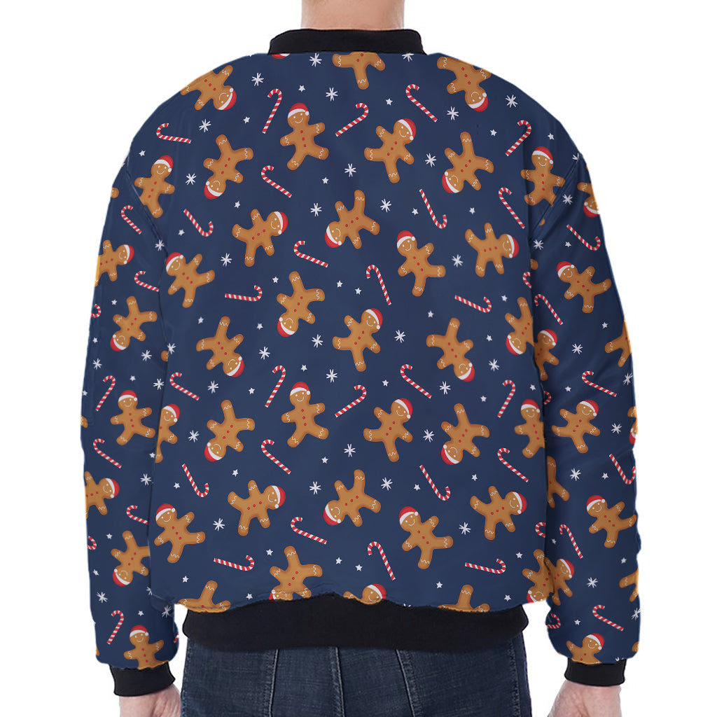 Xmas Gingerbread Man Pattern Print Zip Sleeve Bomber Jacket