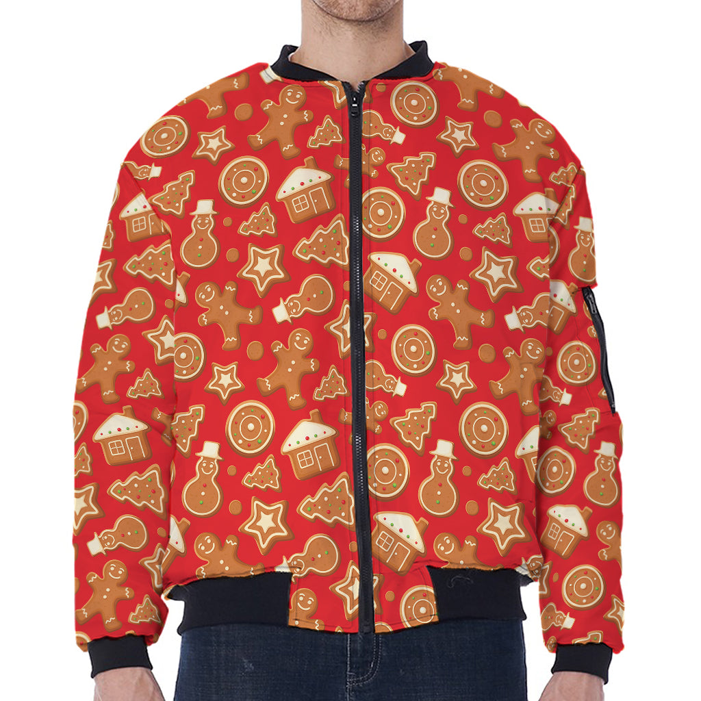 Xmas Gingerbread Pattern Print Zip Sleeve Bomber Jacket