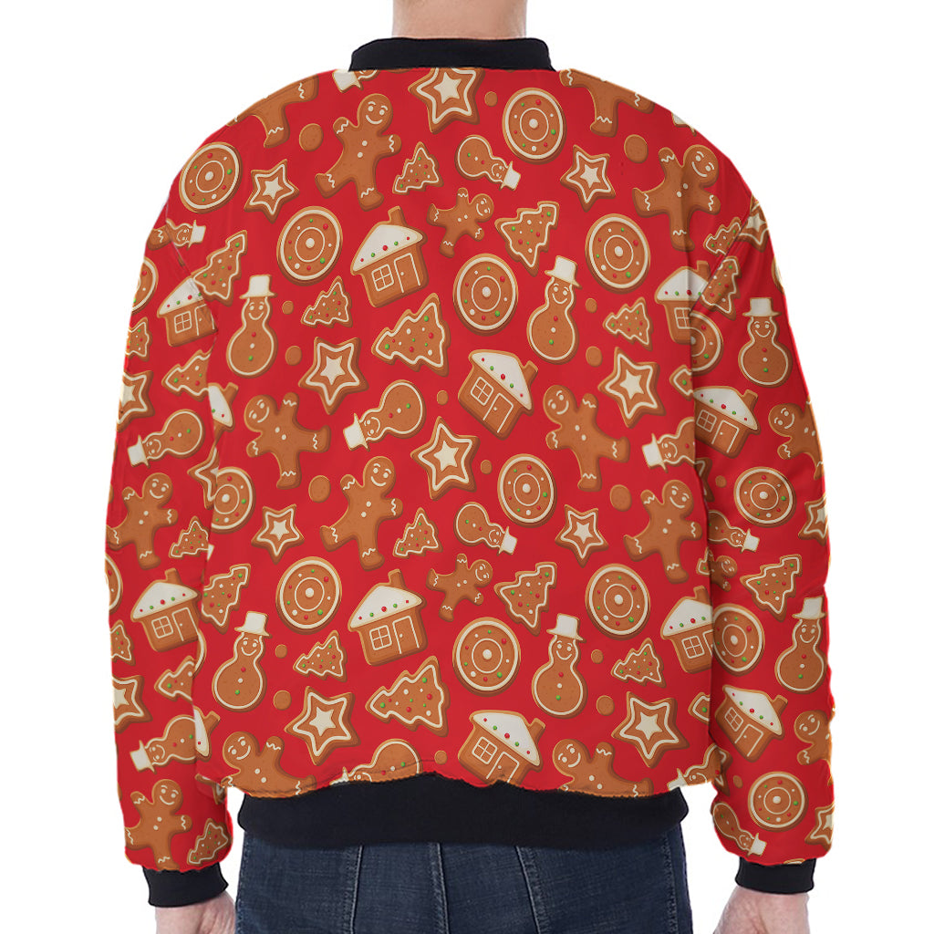 Xmas Gingerbread Pattern Print Zip Sleeve Bomber Jacket