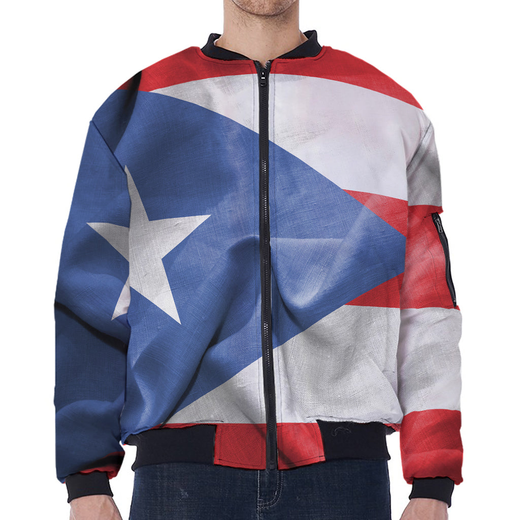 Wrinkled Puerto Rican Flag Print Zip Sleeve Bomber Jacket