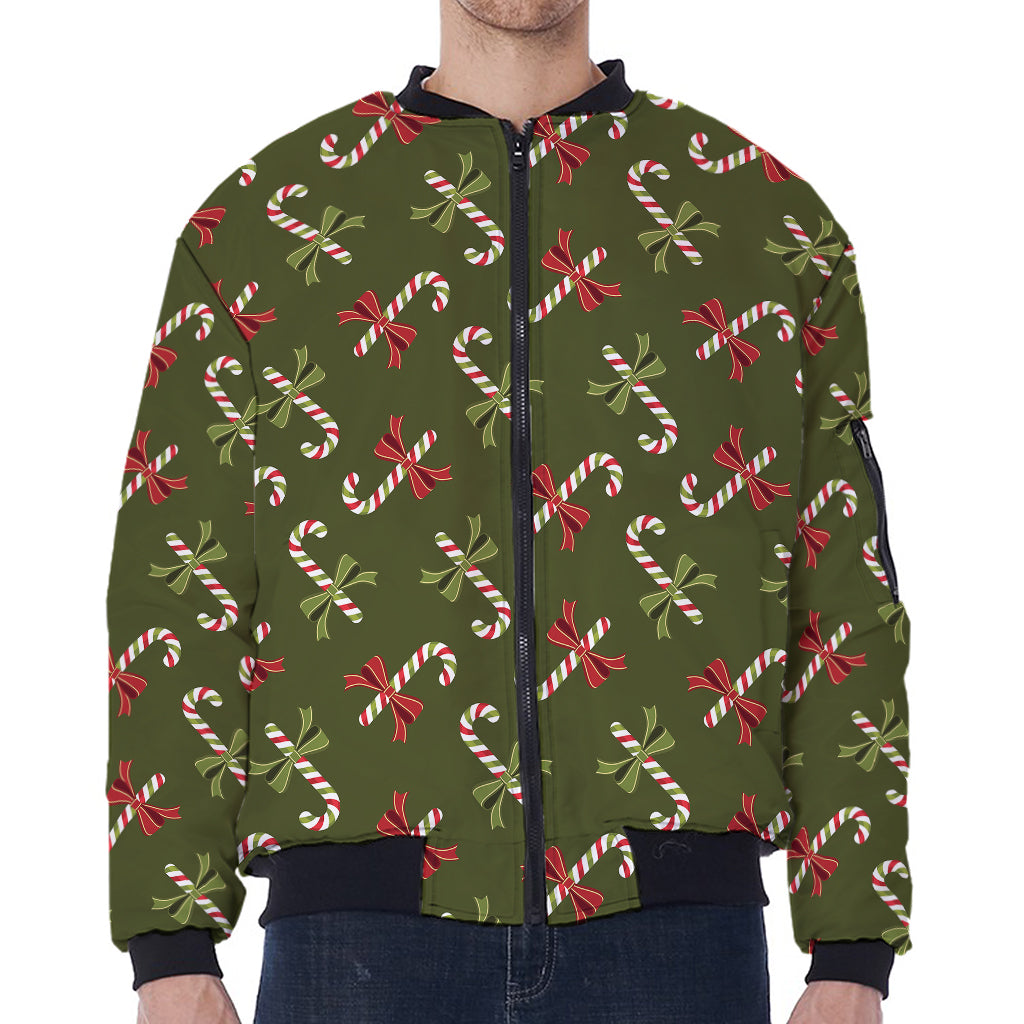 Xmas Candy Cane Pattern Print Zip Sleeve Bomber Jacket