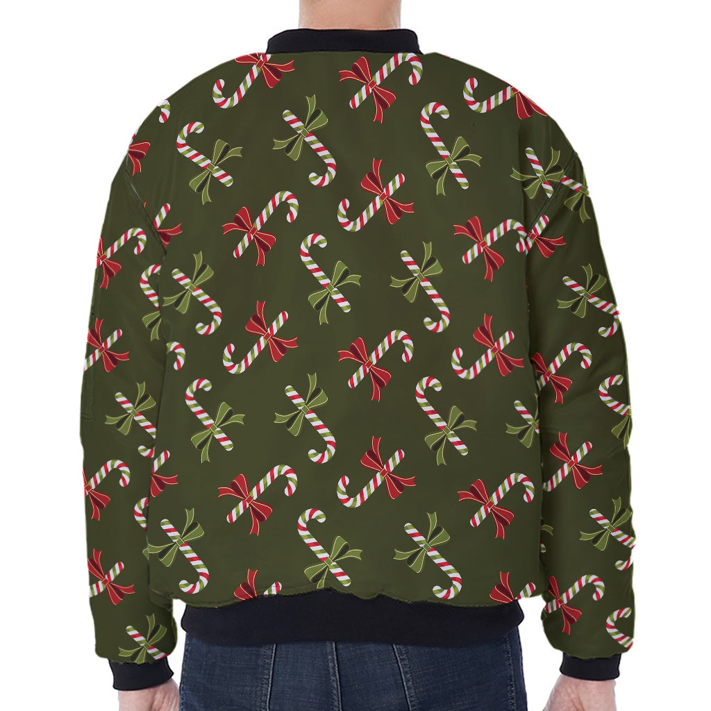 Xmas Candy Cane Pattern Print Zip Sleeve Bomber Jacket