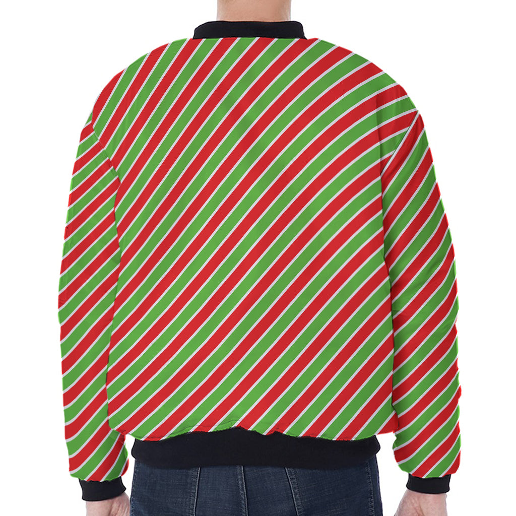 Xmas Candy Cane Stripes Print Zip Sleeve Bomber Jacket