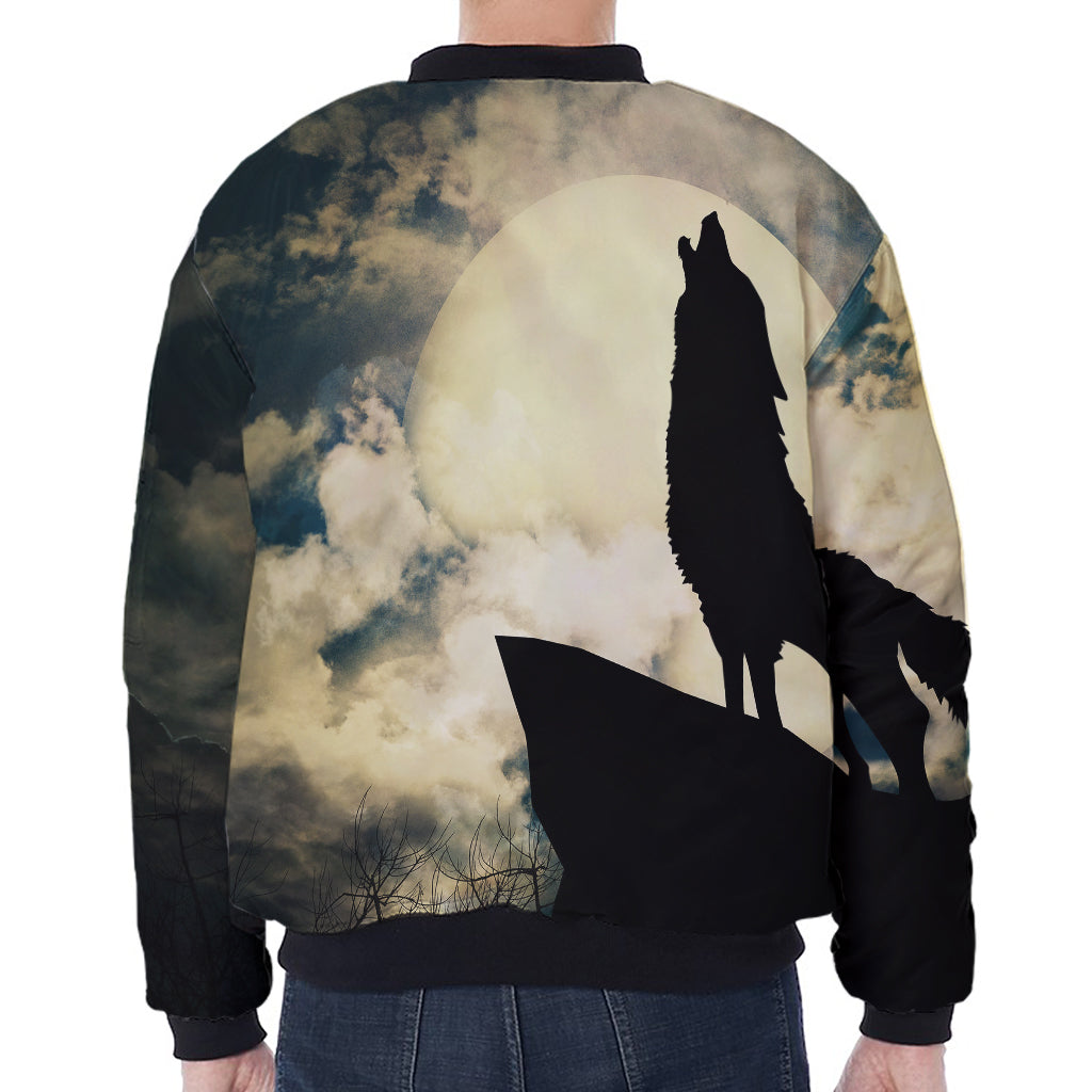 Wolf Howling At The Full Moon Print Zip Sleeve Bomber Jacket