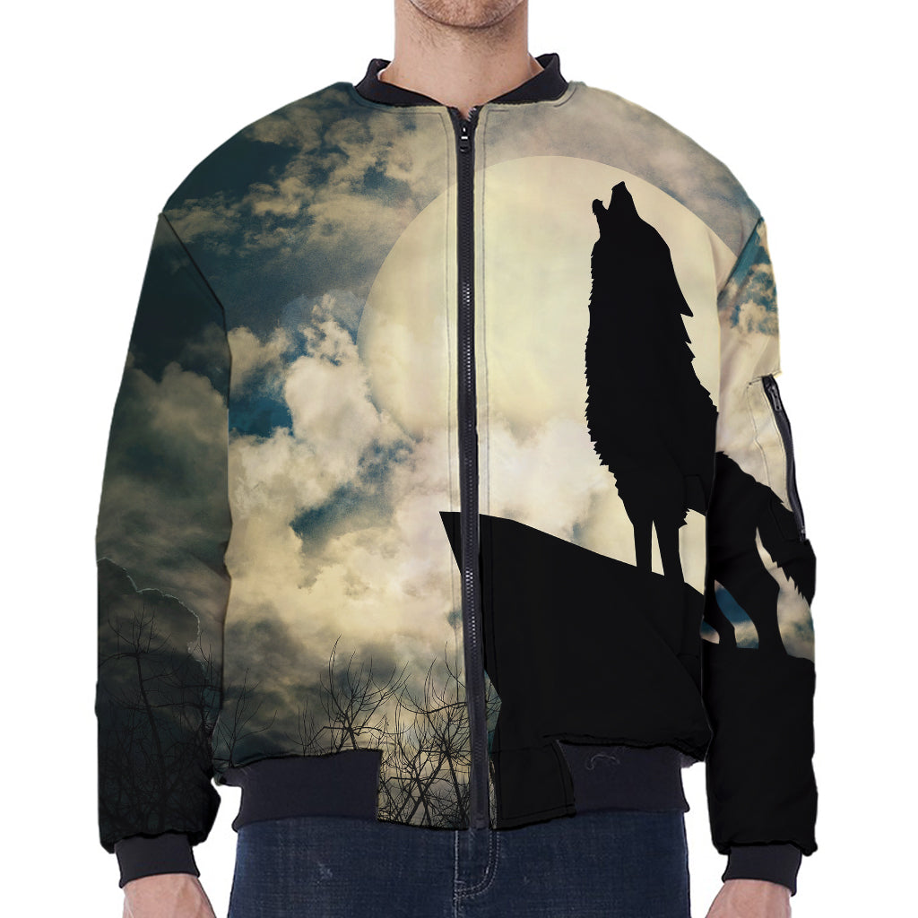 Wolf Howling At The Full Moon Print Zip Sleeve Bomber Jacket