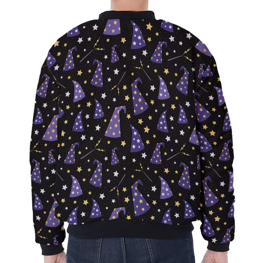 Wizard Hat Pattern Print Zip Sleeve Bomber Jacket