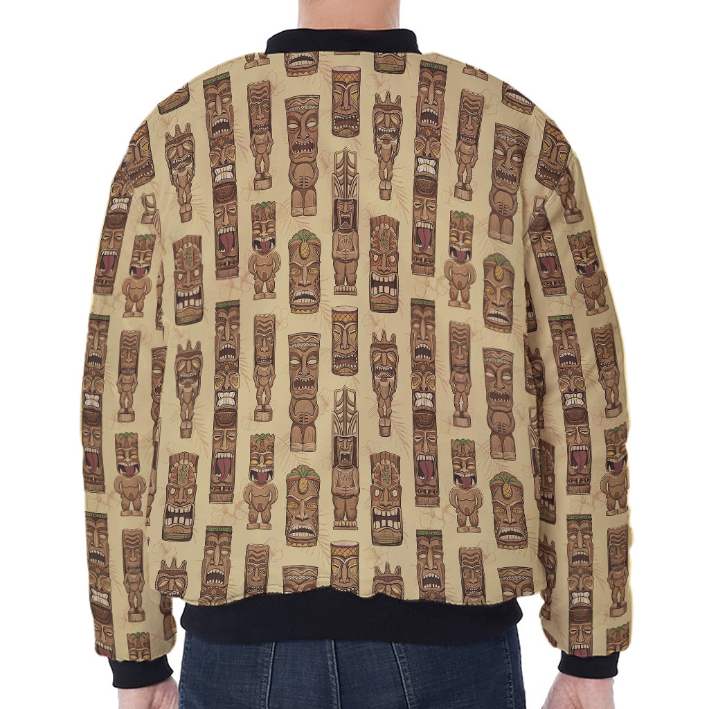 Wooden Tiki Pattern Print Zip Sleeve Bomber Jacket
