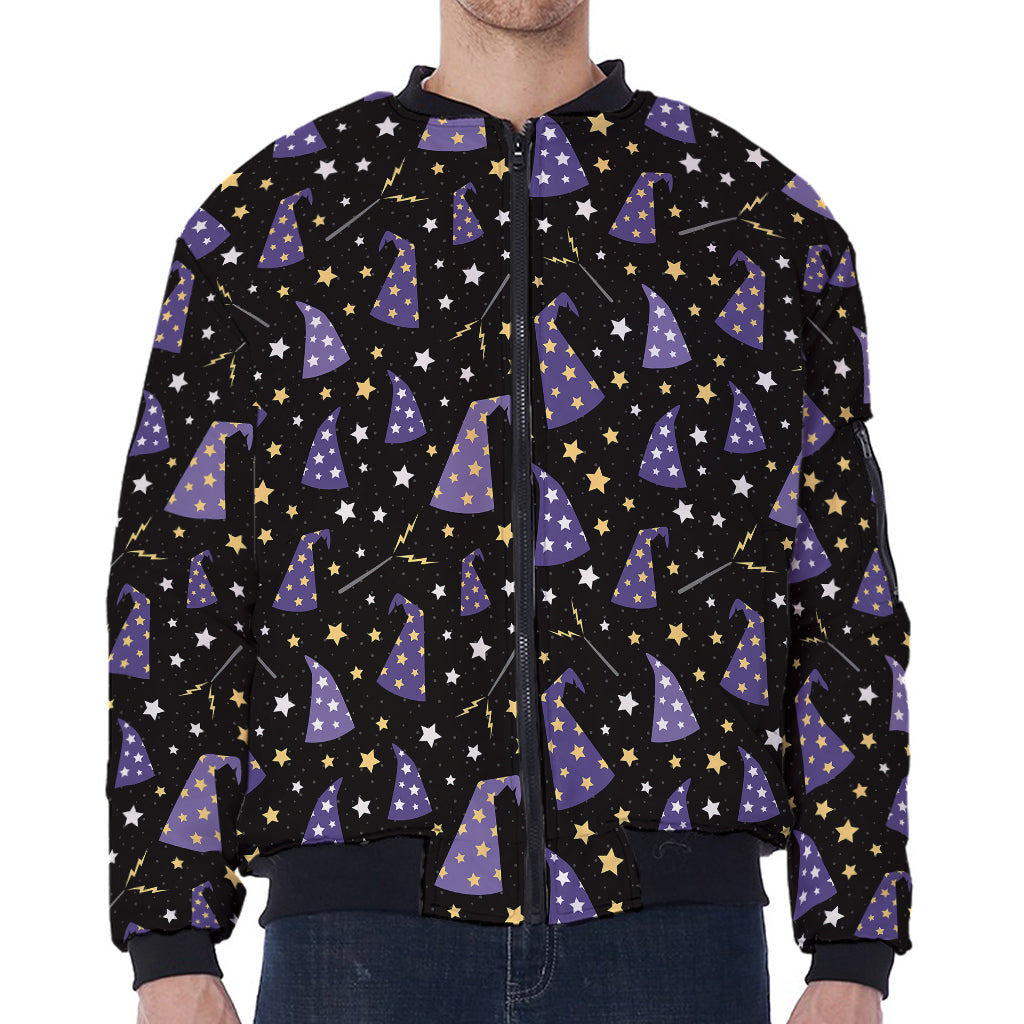 Wizard Hat Pattern Print Zip Sleeve Bomber Jacket