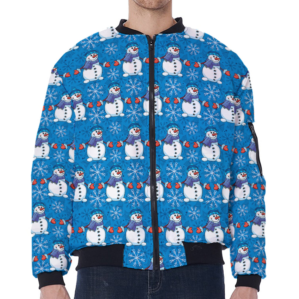 Winter Snowman Pattern Print Zip Sleeve Bomber Jacket