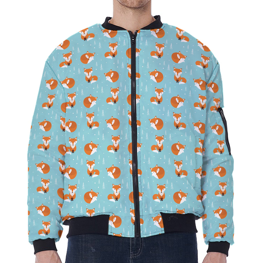 Winter Fox Pattern Print Zip Sleeve Bomber Jacket
