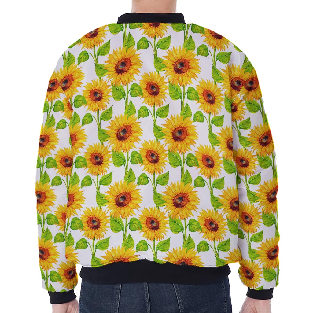 White Watercolor Sunflower Pattern Print Zip Sleeve Bomber Jacket