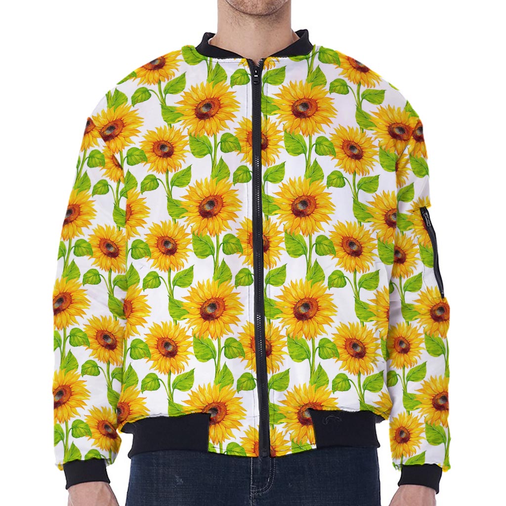 White Watercolor Sunflower Pattern Print Zip Sleeve Bomber Jacket