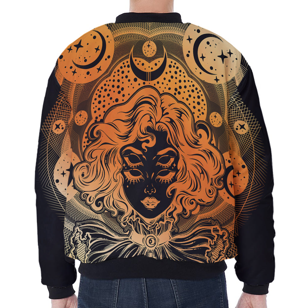 Wiccan Girl And Magical Moon Print Zip Sleeve Bomber Jacket