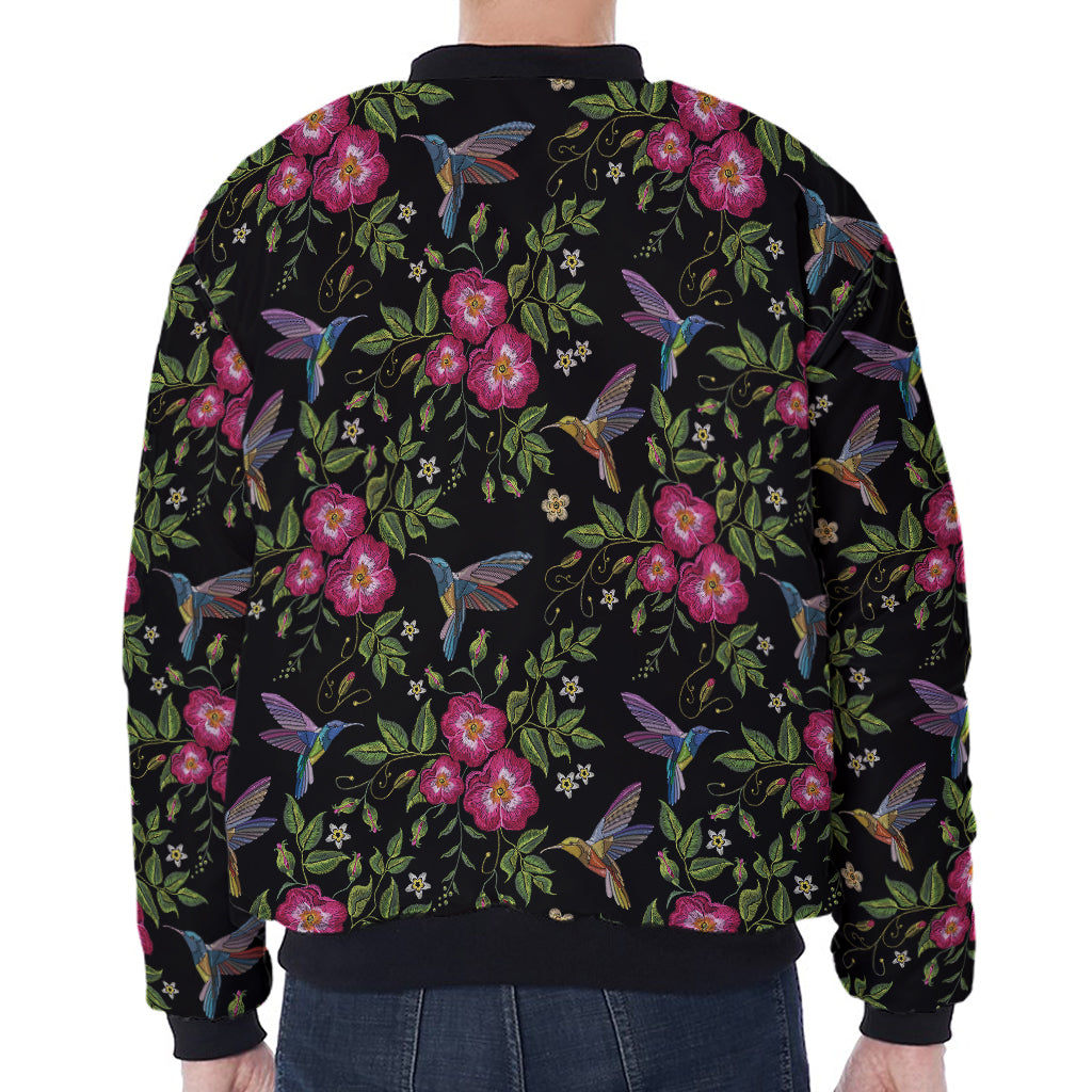 Wild Flowers And Hummingbird Print Zip Sleeve Bomber Jacket