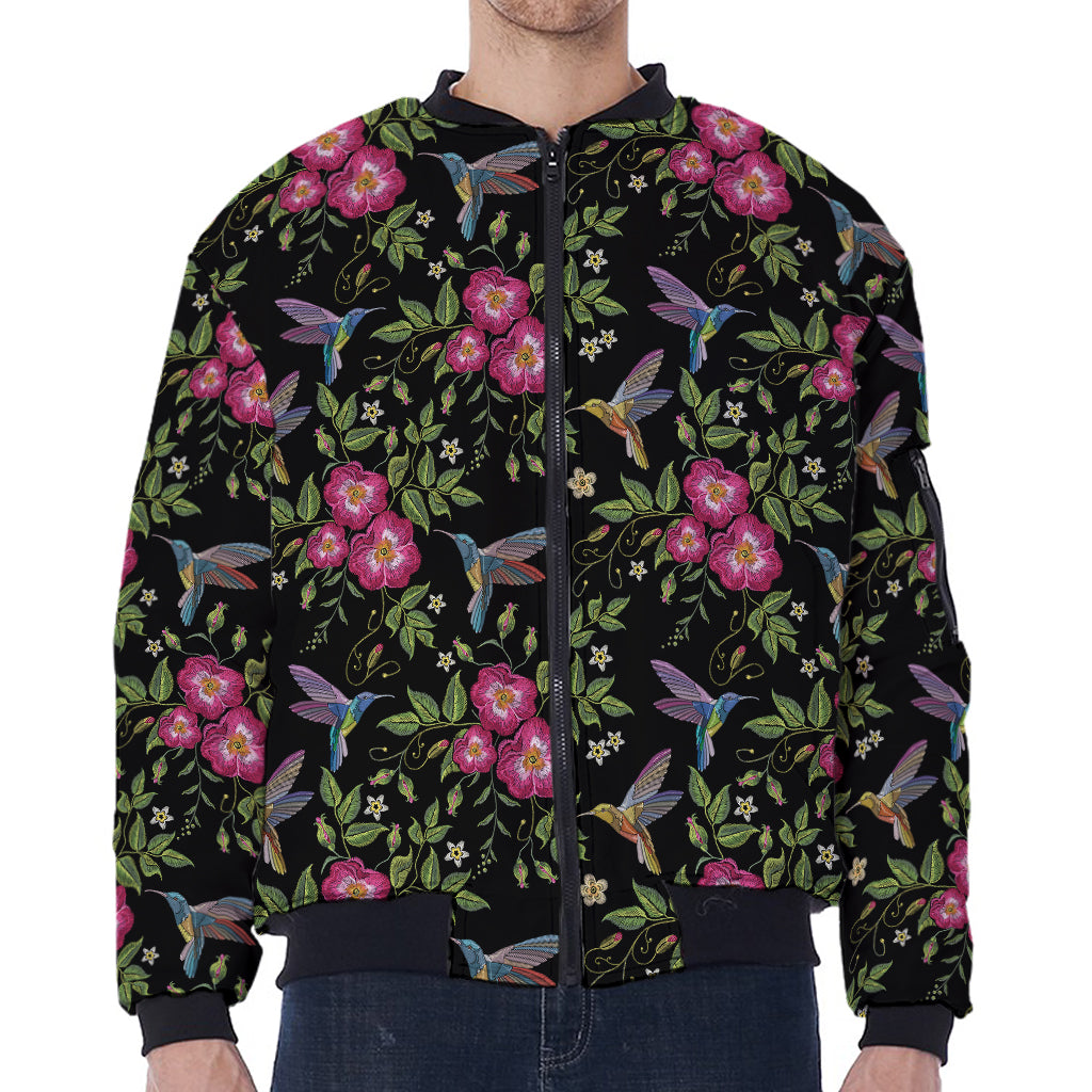 Wild Flowers And Hummingbird Print Zip Sleeve Bomber Jacket