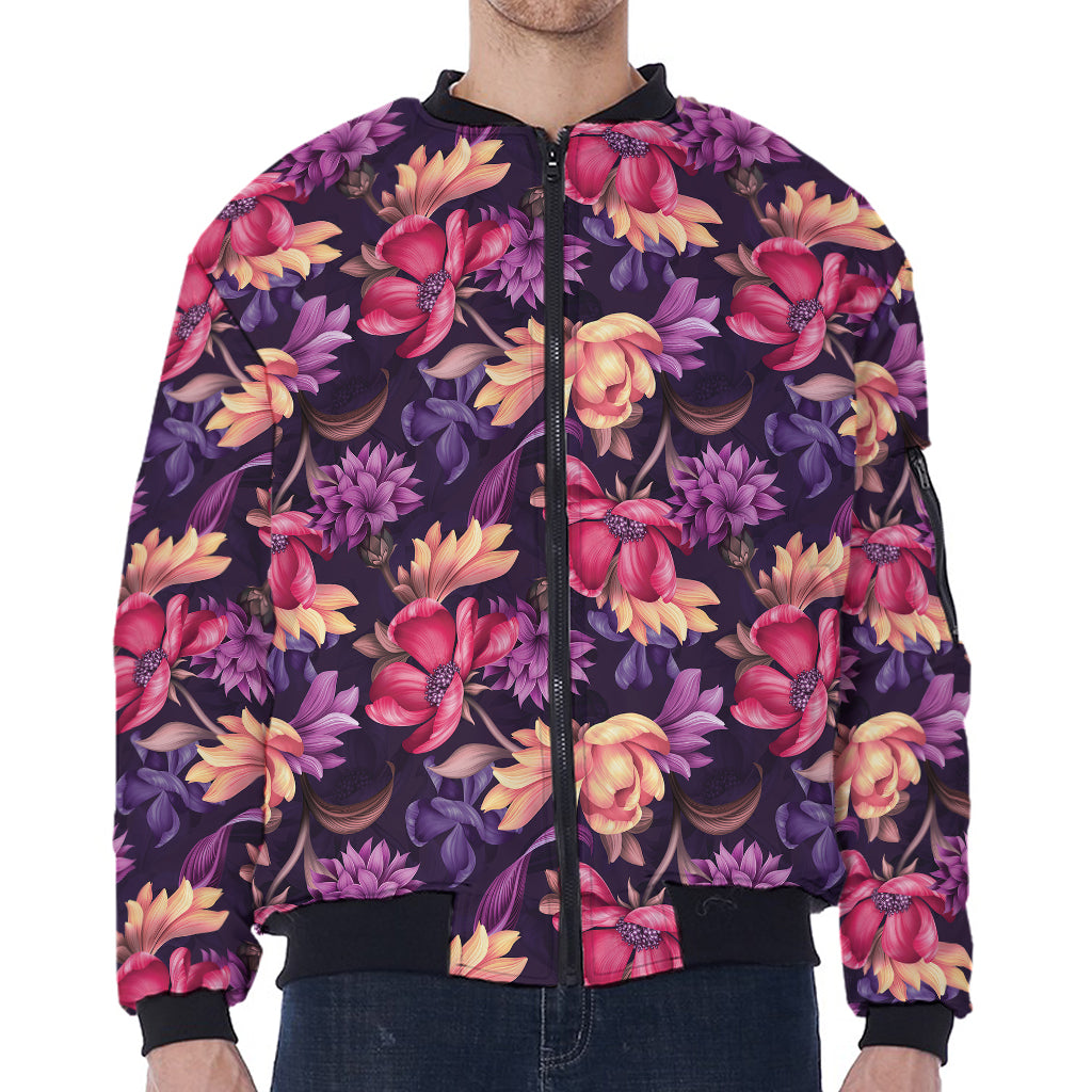 Wild Flower Print Zip Sleeve Bomber Jacket