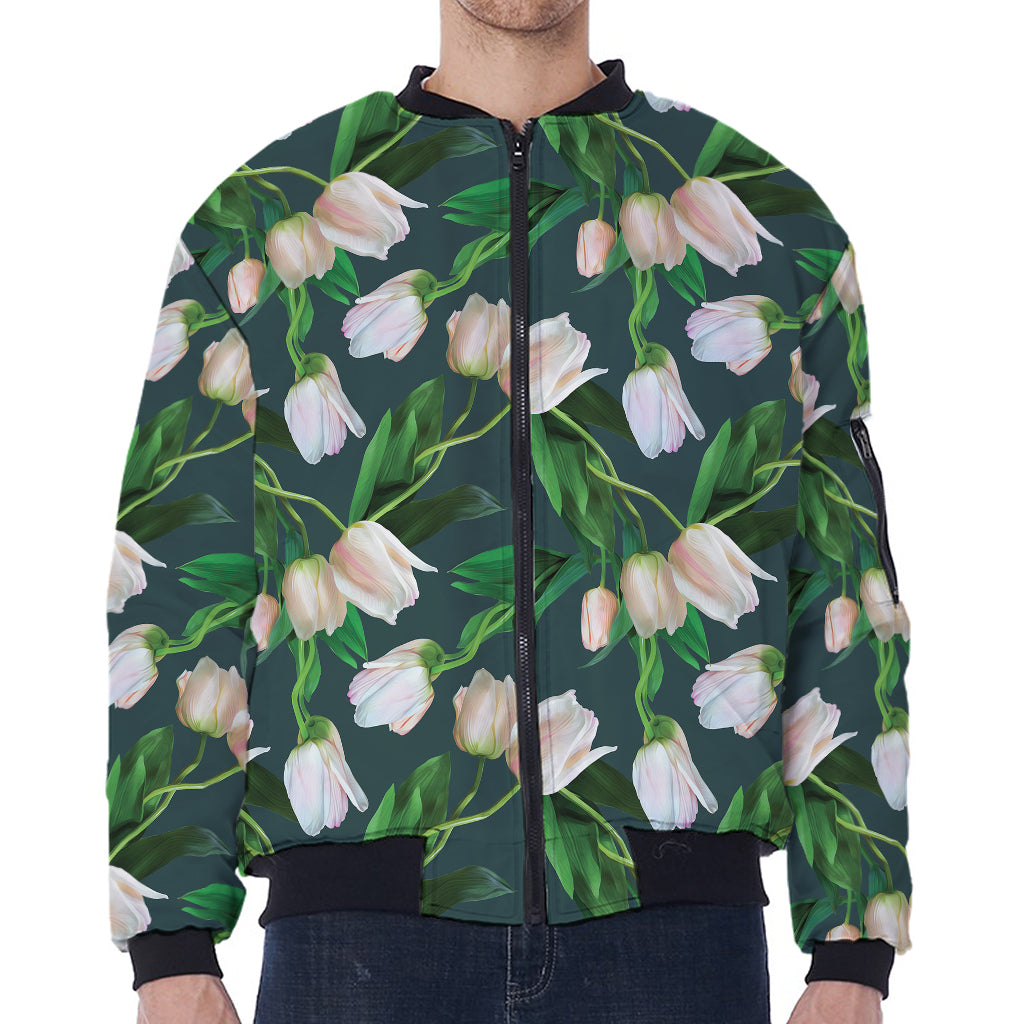 White Tulip Pattern Print Zip Sleeve Bomber Jacket