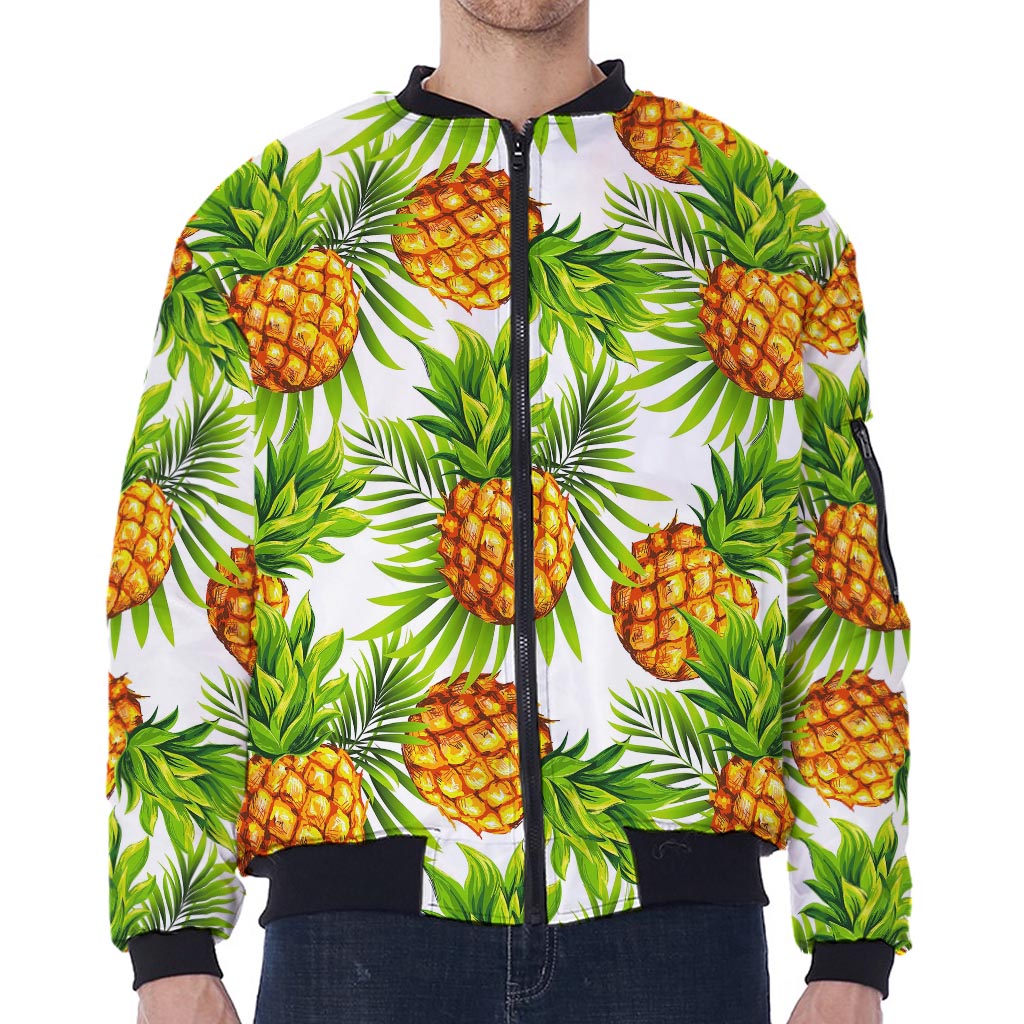 White Tropical Pineapple Pattern Print Zip Sleeve Bomber Jacket
