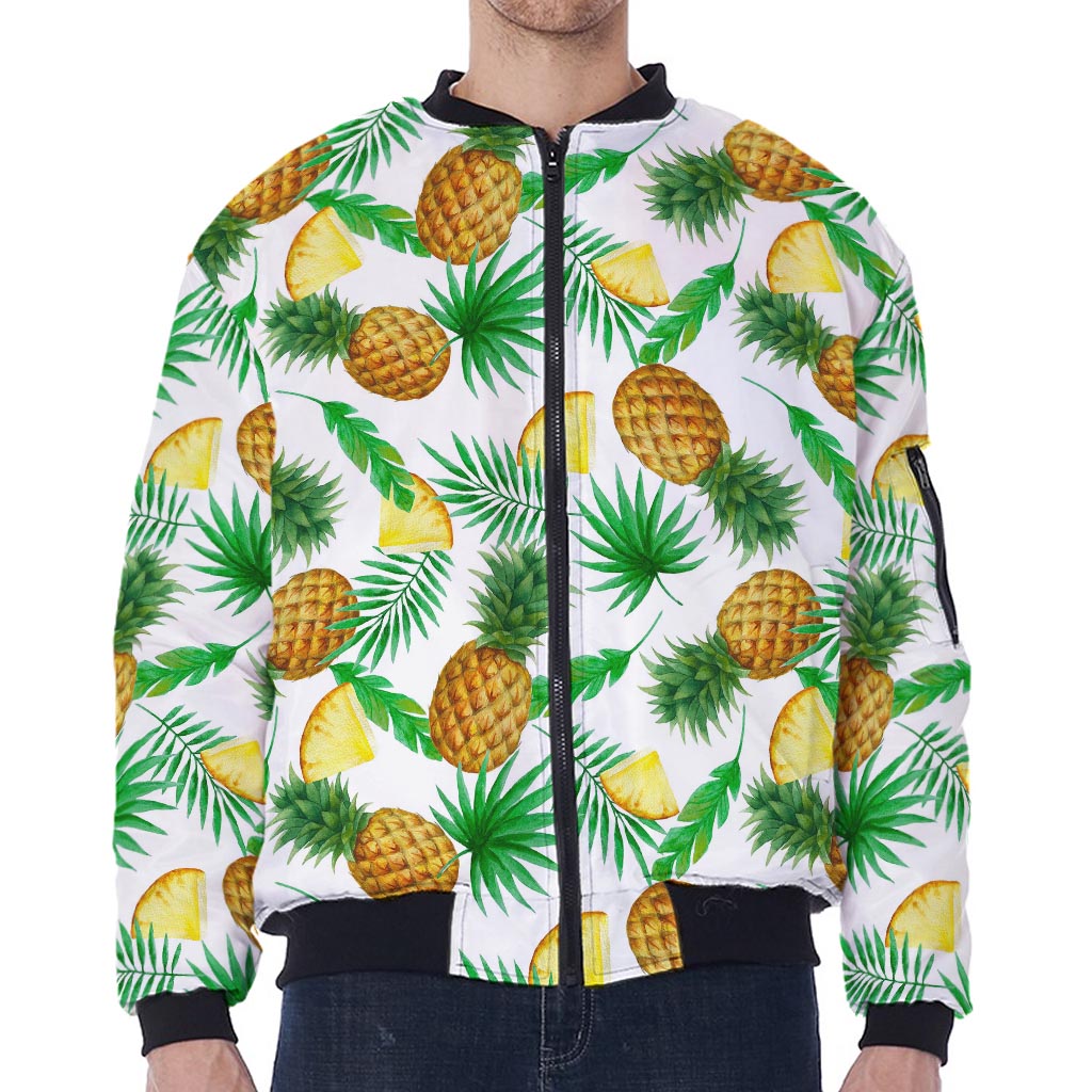 White Watercolor Pineapple Pattern Print Zip Sleeve Bomber Jacket