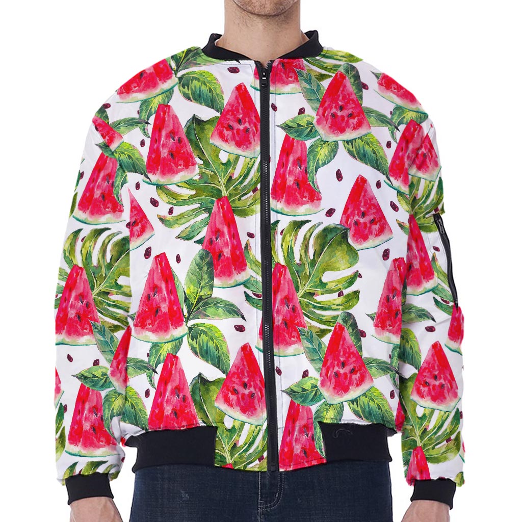 White Tropical Watermelon Pattern Print Zip Sleeve Bomber Jacket