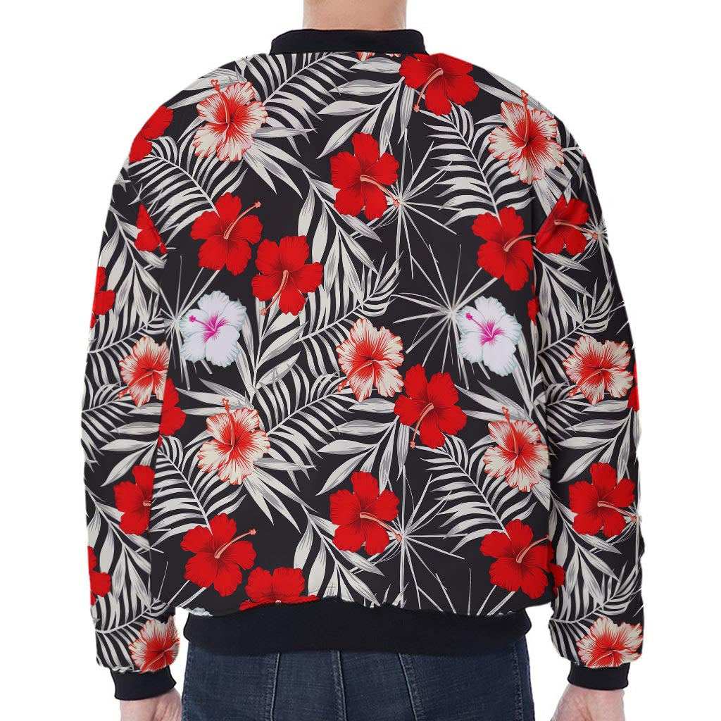 White Tropical Hibiscus Pattern Print Zip Sleeve Bomber Jacket