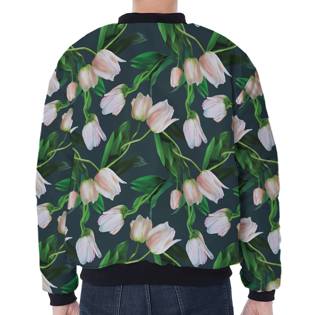 White Tulip Pattern Print Zip Sleeve Bomber Jacket