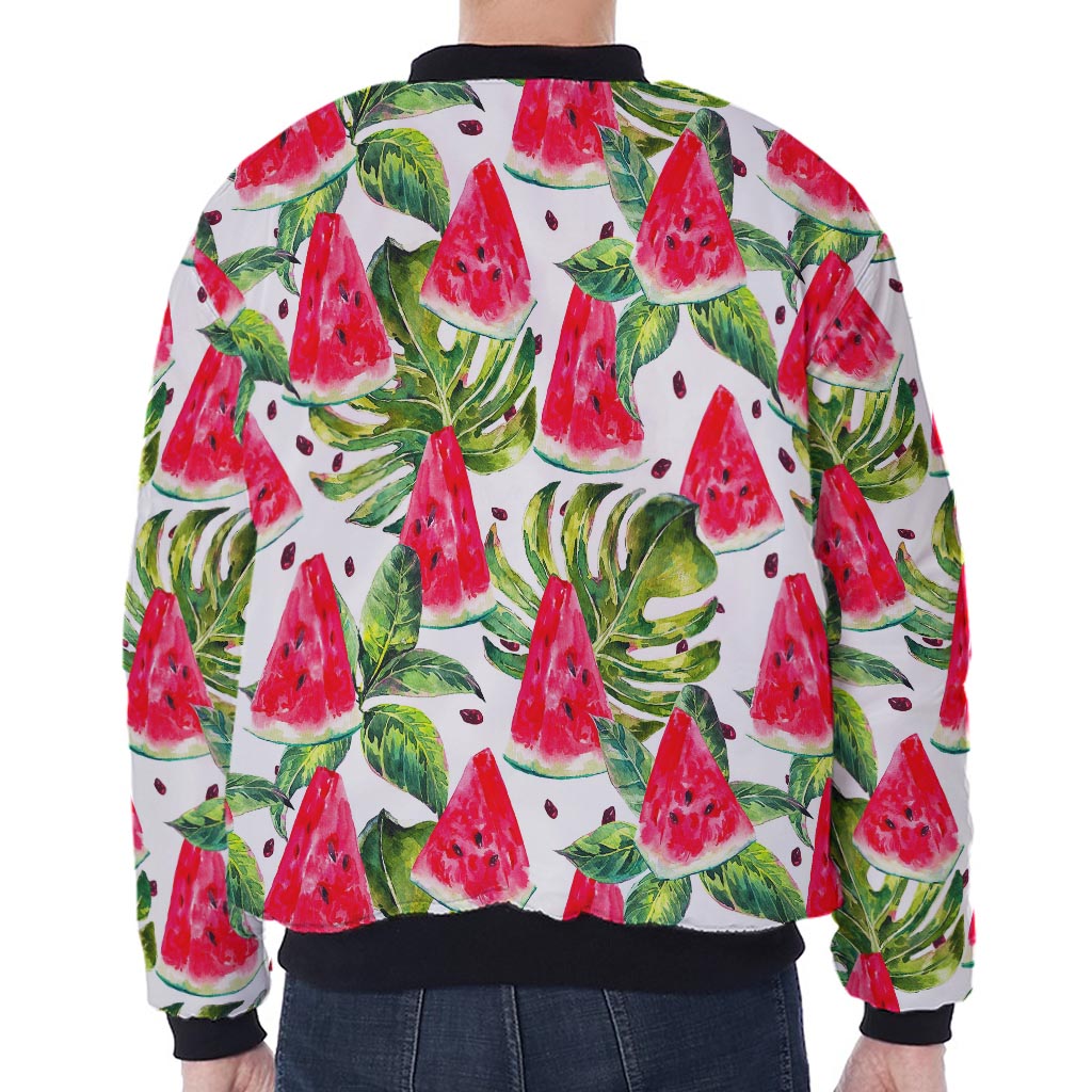 White Tropical Watermelon Pattern Print Zip Sleeve Bomber Jacket