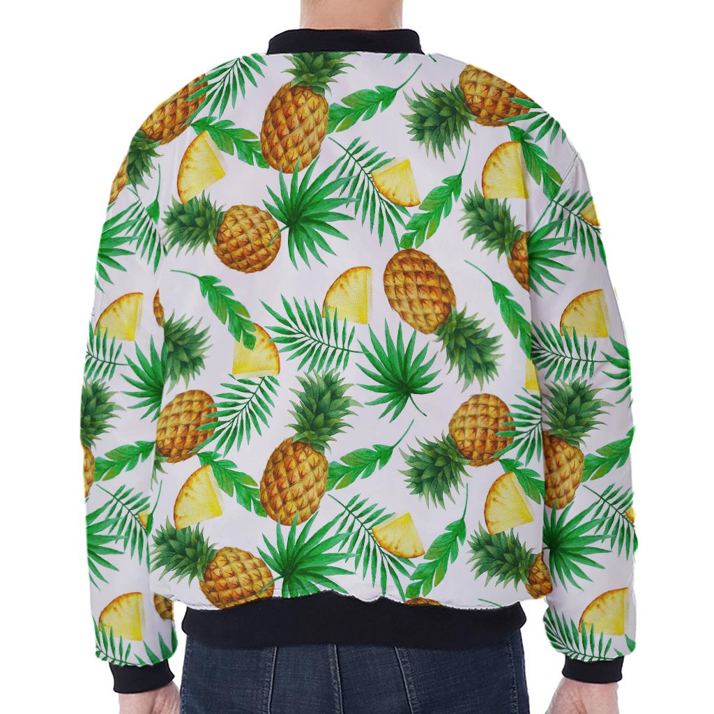 White Watercolor Pineapple Pattern Print Zip Sleeve Bomber Jacket