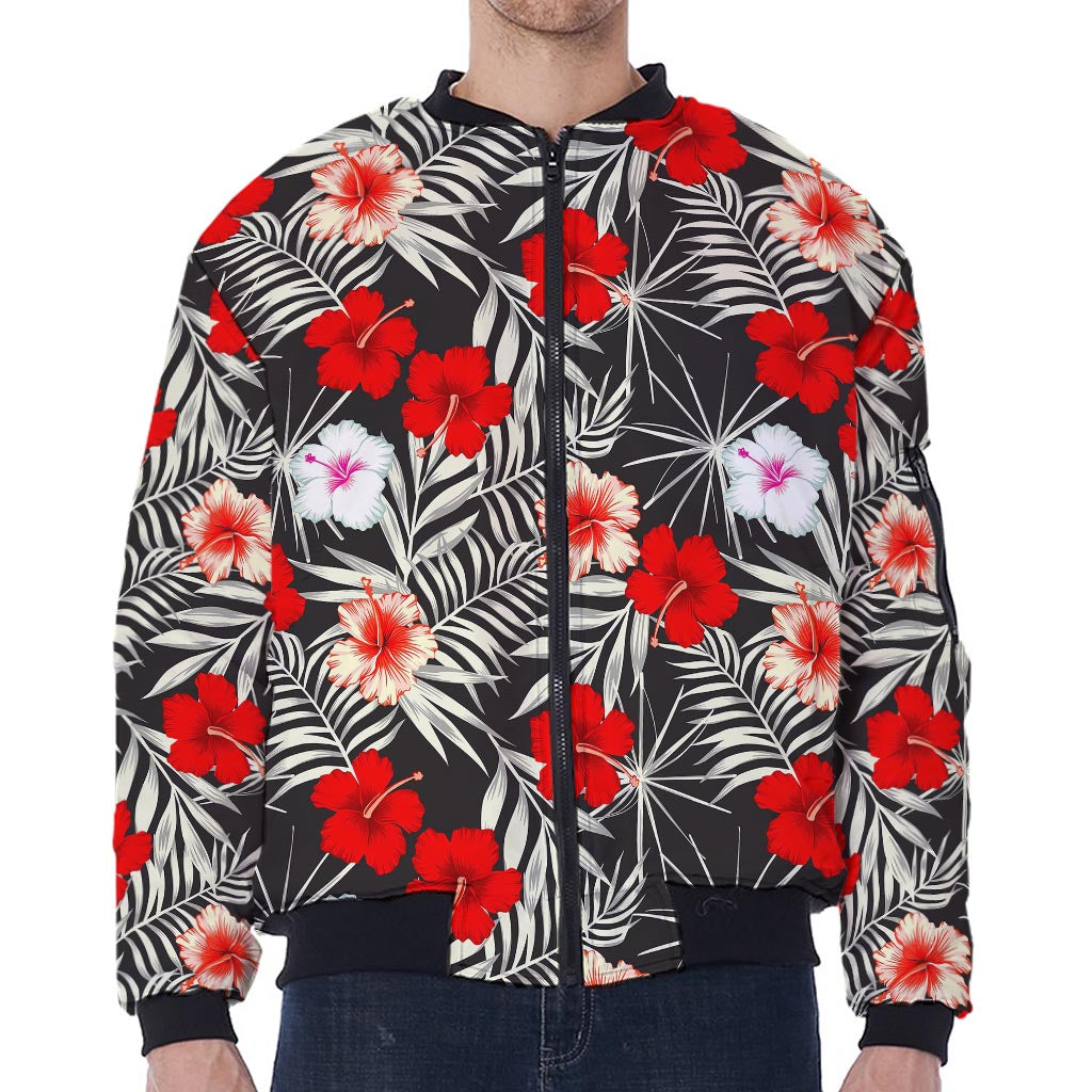 White Tropical Hibiscus Pattern Print Zip Sleeve Bomber Jacket