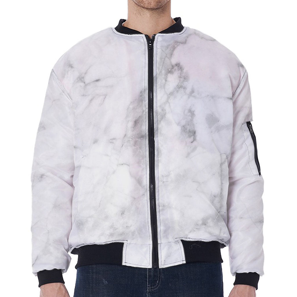 White Smoke Marble Print Zip Sleeve Bomber Jacket