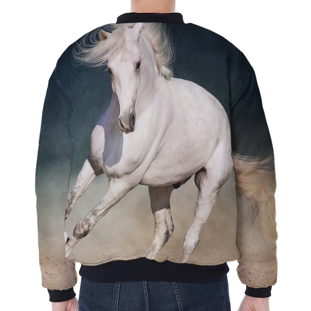 White Stallion Horse Print Zip Sleeve Bomber Jacket