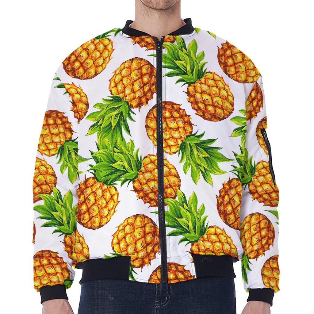 White Summer Pineapple Pattern Print Zip Sleeve Bomber Jacket