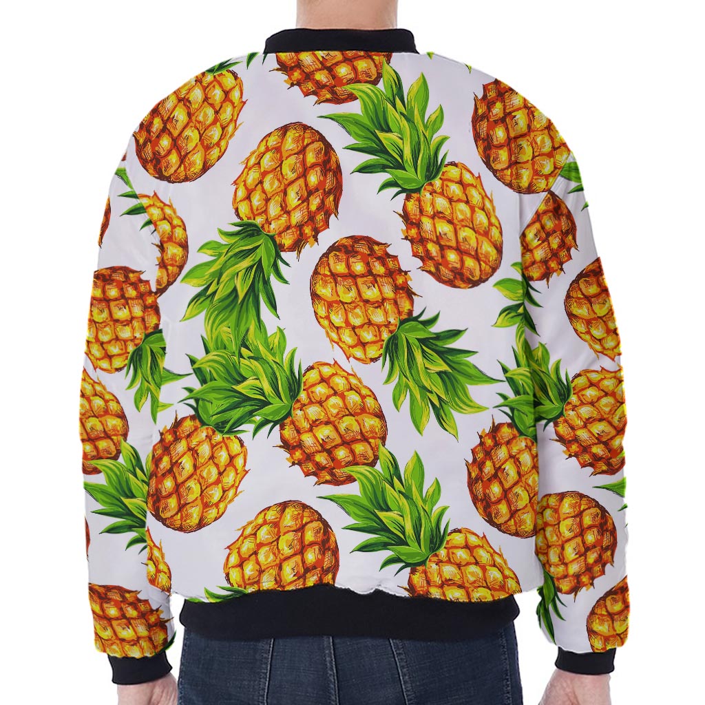 White Summer Pineapple Pattern Print Zip Sleeve Bomber Jacket