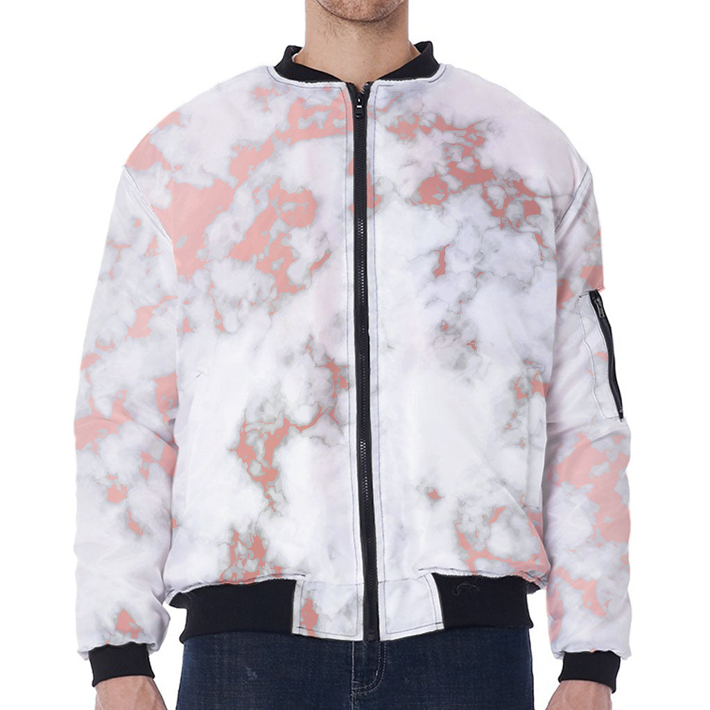White Rose Gold Marble Print Zip Sleeve Bomber Jacket