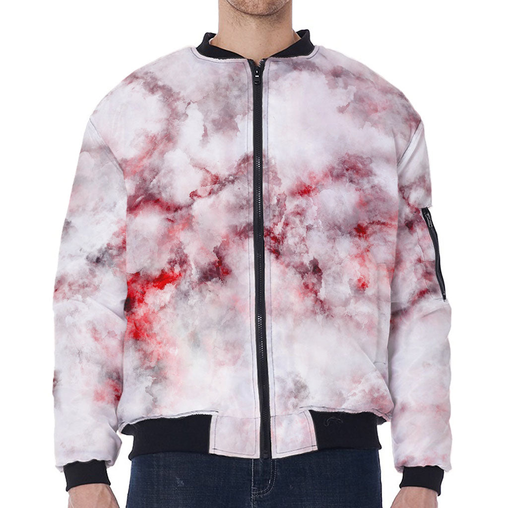 White Ruby Marble Print Zip Sleeve Bomber Jacket