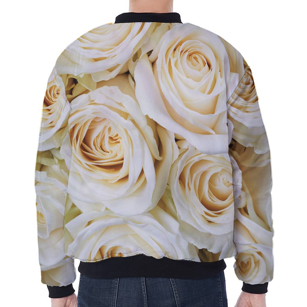 White Rose Print Zip Sleeve Bomber Jacket