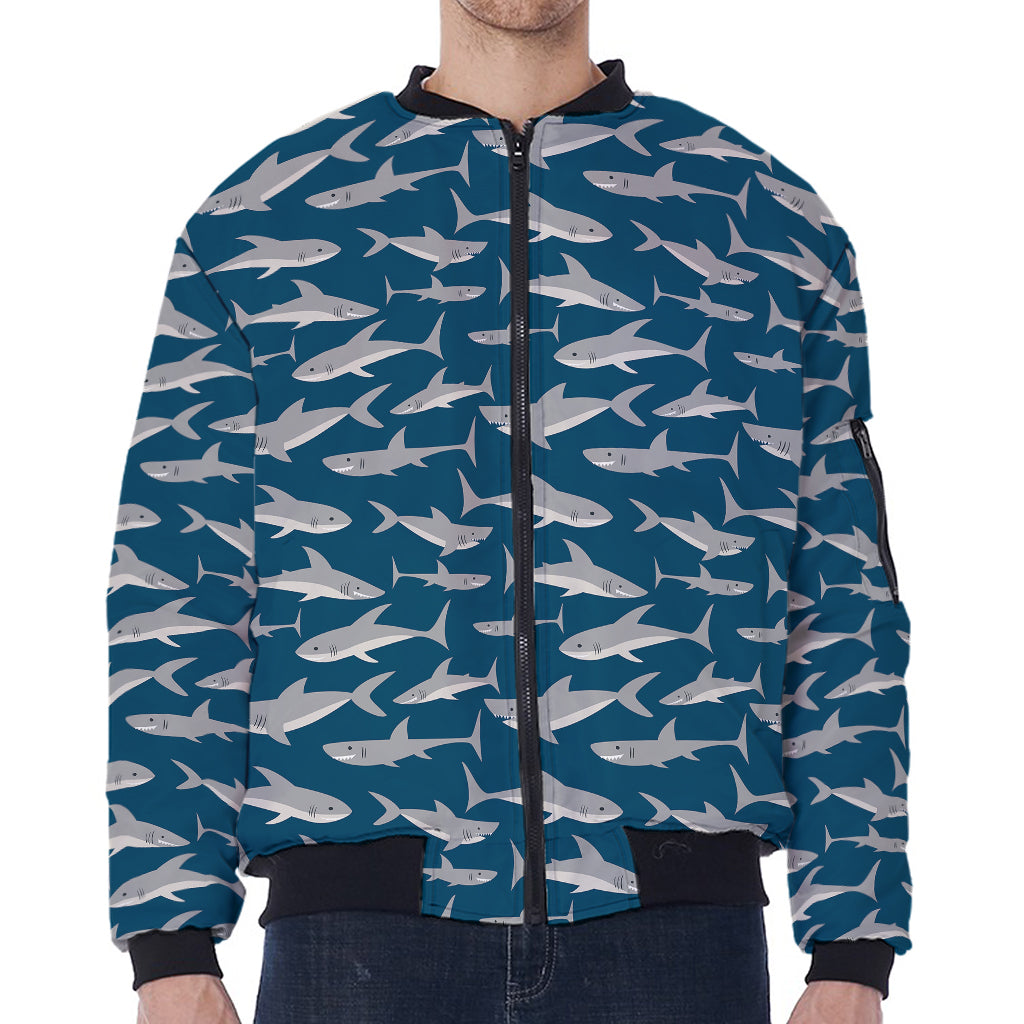 White Shark Pattern Print Zip Sleeve Bomber Jacket