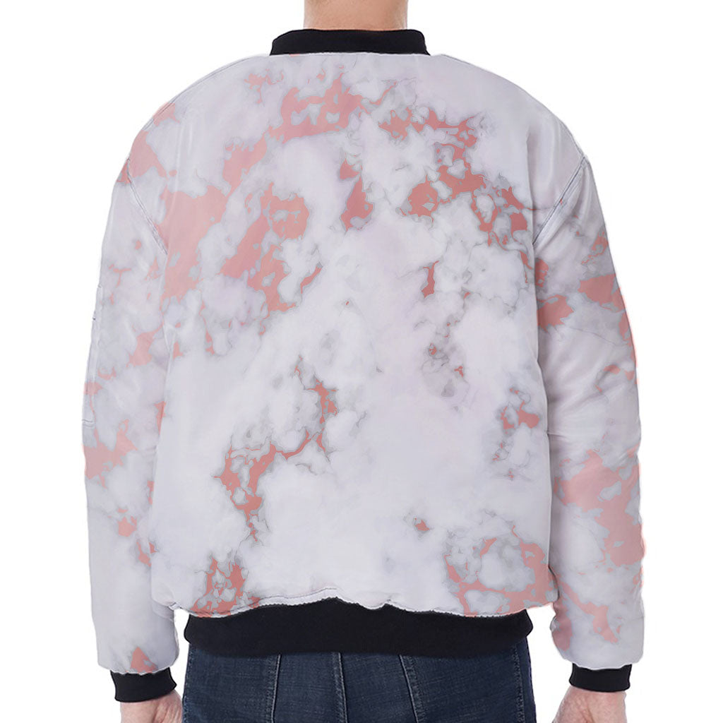 White Rose Gold Marble Print Zip Sleeve Bomber Jacket