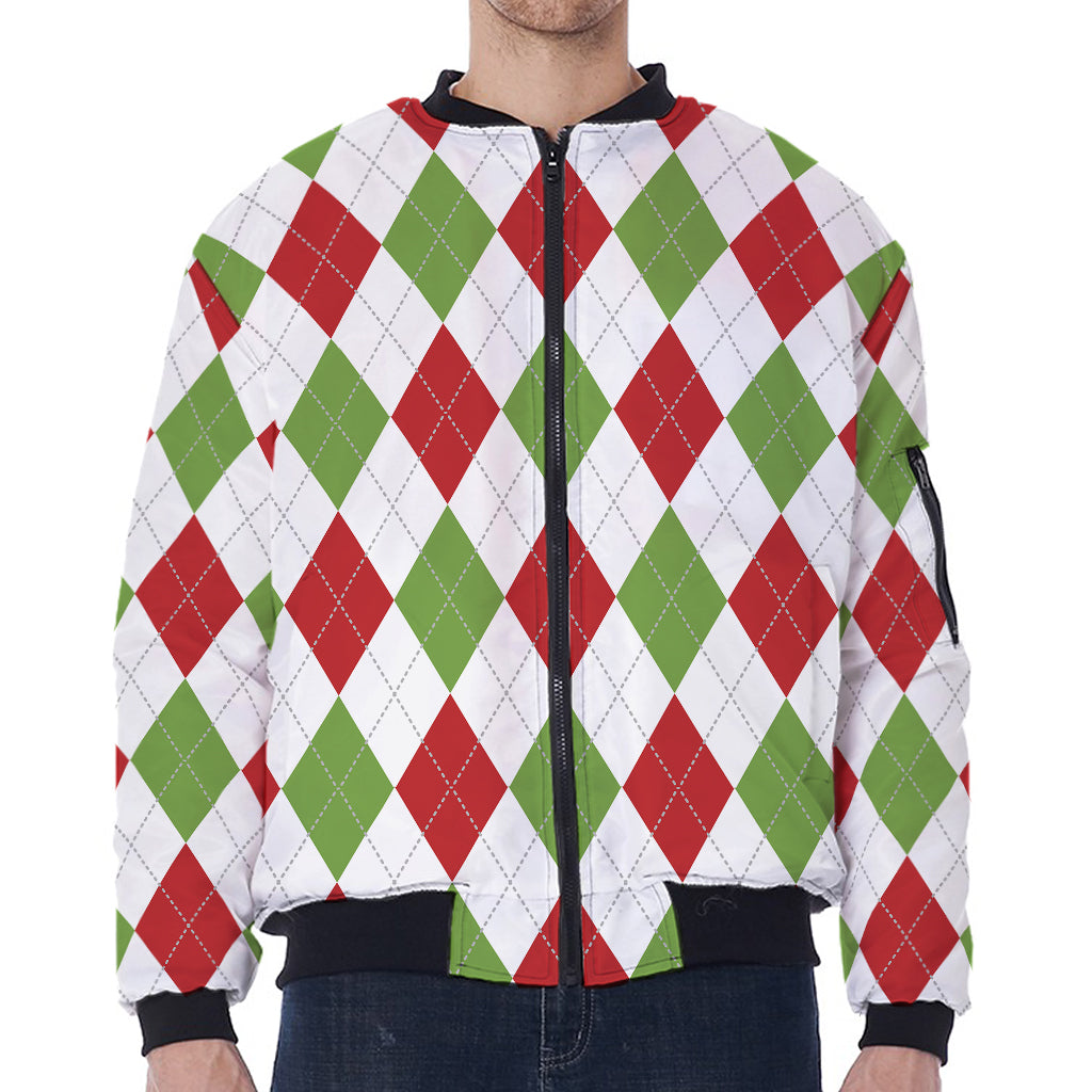 White Red And Green Argyle Pattern Print Zip Sleeve Bomber Jacket