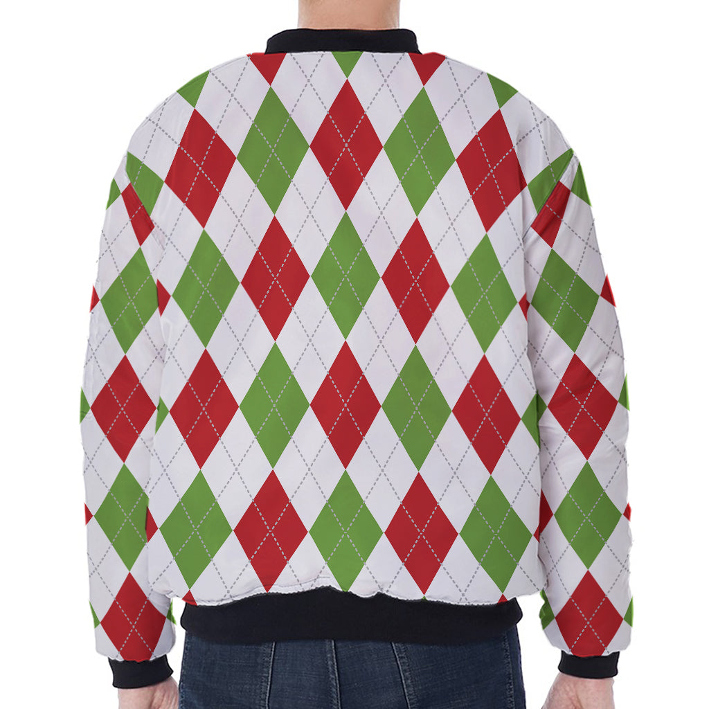 White Red And Green Argyle Pattern Print Zip Sleeve Bomber Jacket