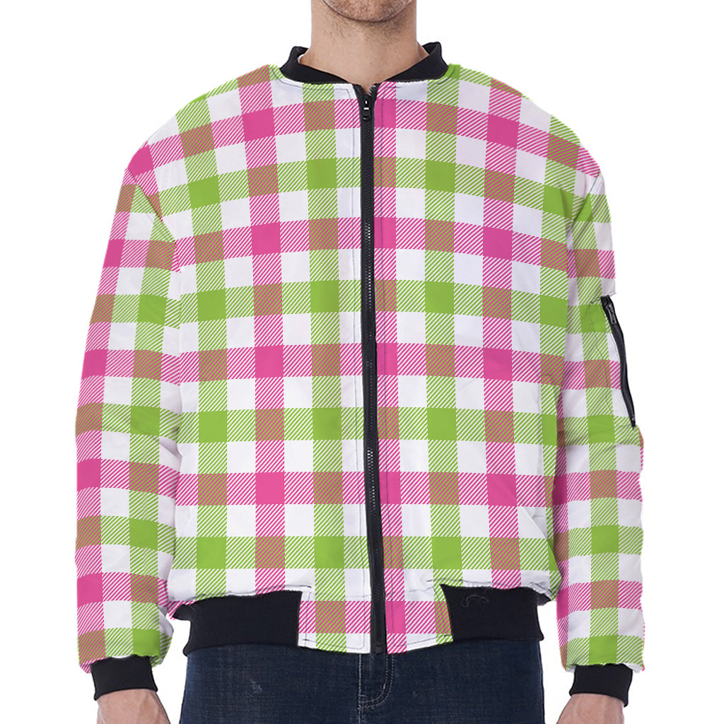 White Pink And Green Buffalo Plaid Print Zip Sleeve Bomber Jacket
