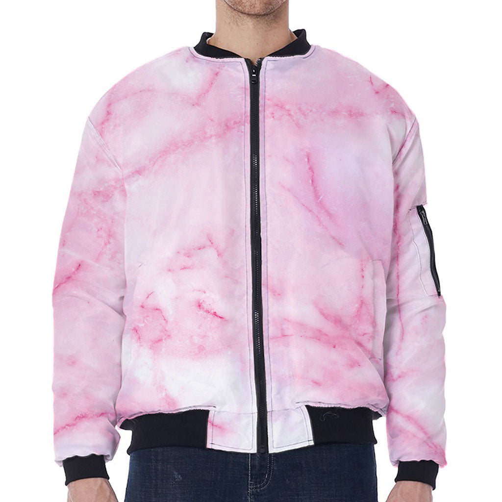 White Pink Marble Print Zip Sleeve Bomber Jacket