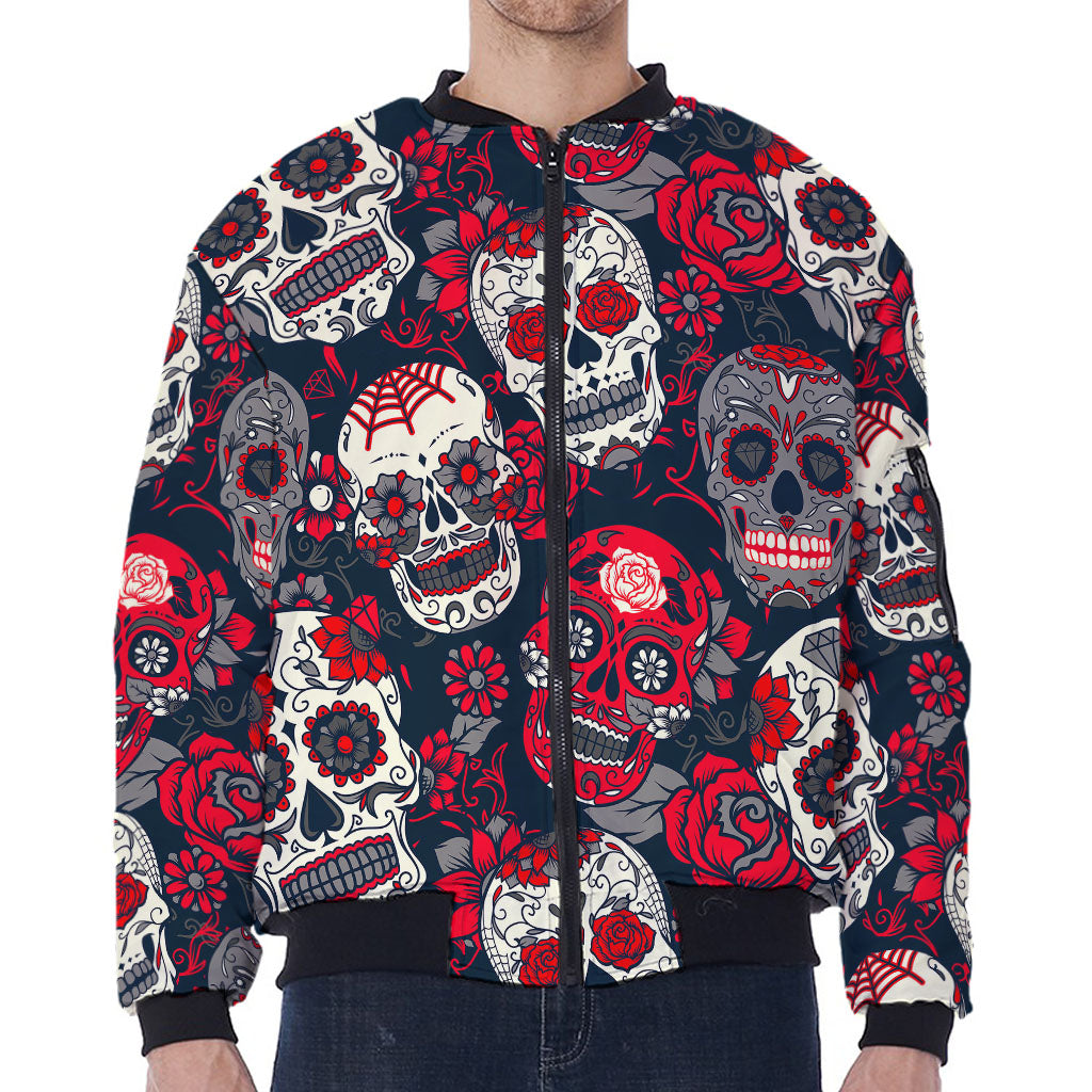 White Red Sugar Skull Pattern Print Zip Sleeve Bomber Jacket